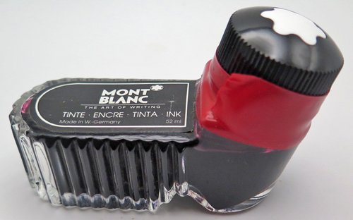 ITEM #MB INK: MONT BLANC CLASSIC BURGUNDY INK IN DESKTOP/DRAWER SIZE BOTTLE. 90% full & has been filtered.